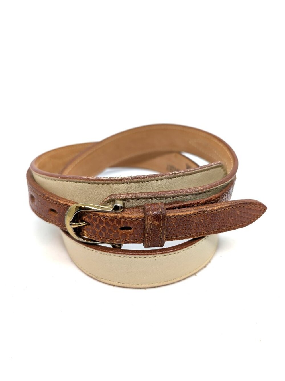 Justin Skinny Western Leather Belt Womens Sz 28 Gold Tone Buckle Cream Brown USA